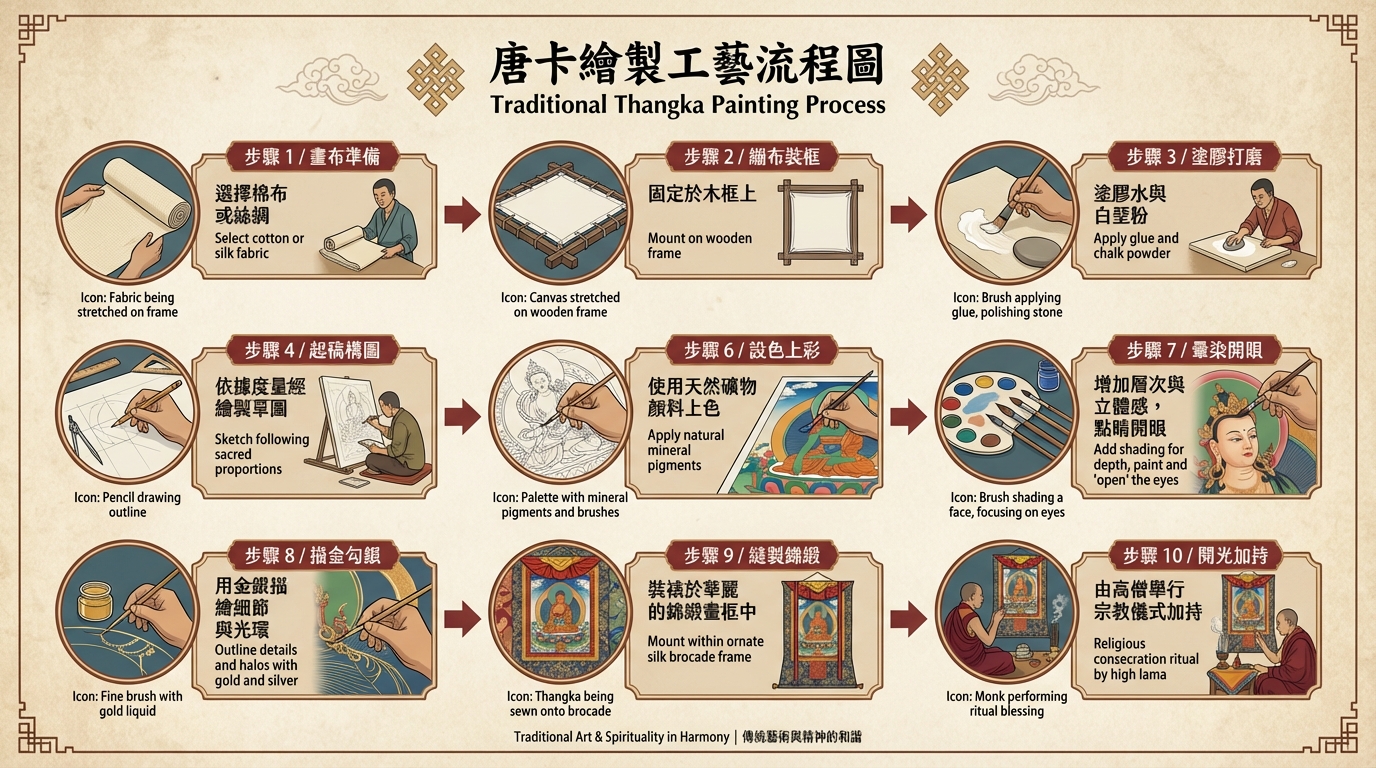 唐卡繪製工藝流程圖 Traditional Thangka Painting Process